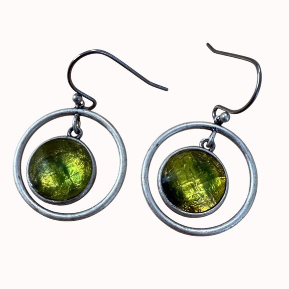 Green Glass & Silver-Tone Double Circle Dangle Earrings 90's - Picture 1 of 6